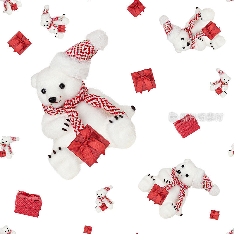Seamless pattern with a toy bear on a white background.